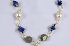 Wire Wrapped In Lapis, Pearls & Pyrite Necklace - WIrednTwistednStoned