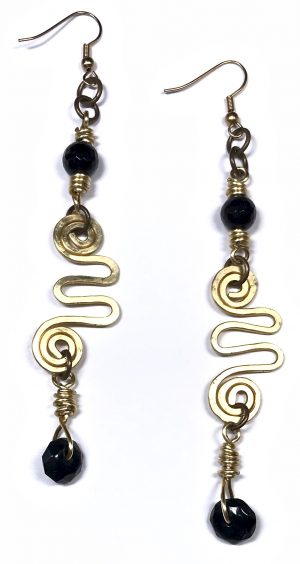 Earrings With Gold Snake Style Wire Components, & Black & Gold Bead Links