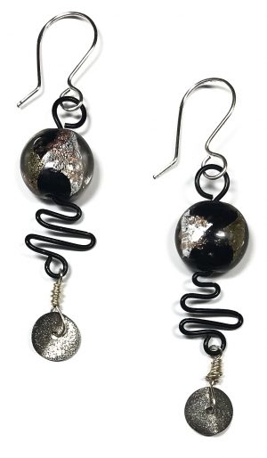 Black Squiggly Earrings With Glass Beads With SS & Copper Foil, & Pewter Beads